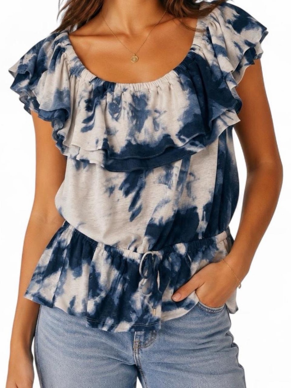 Ralph Lauren Navy and White Tie-Dye Ruffle Peplum Blouse